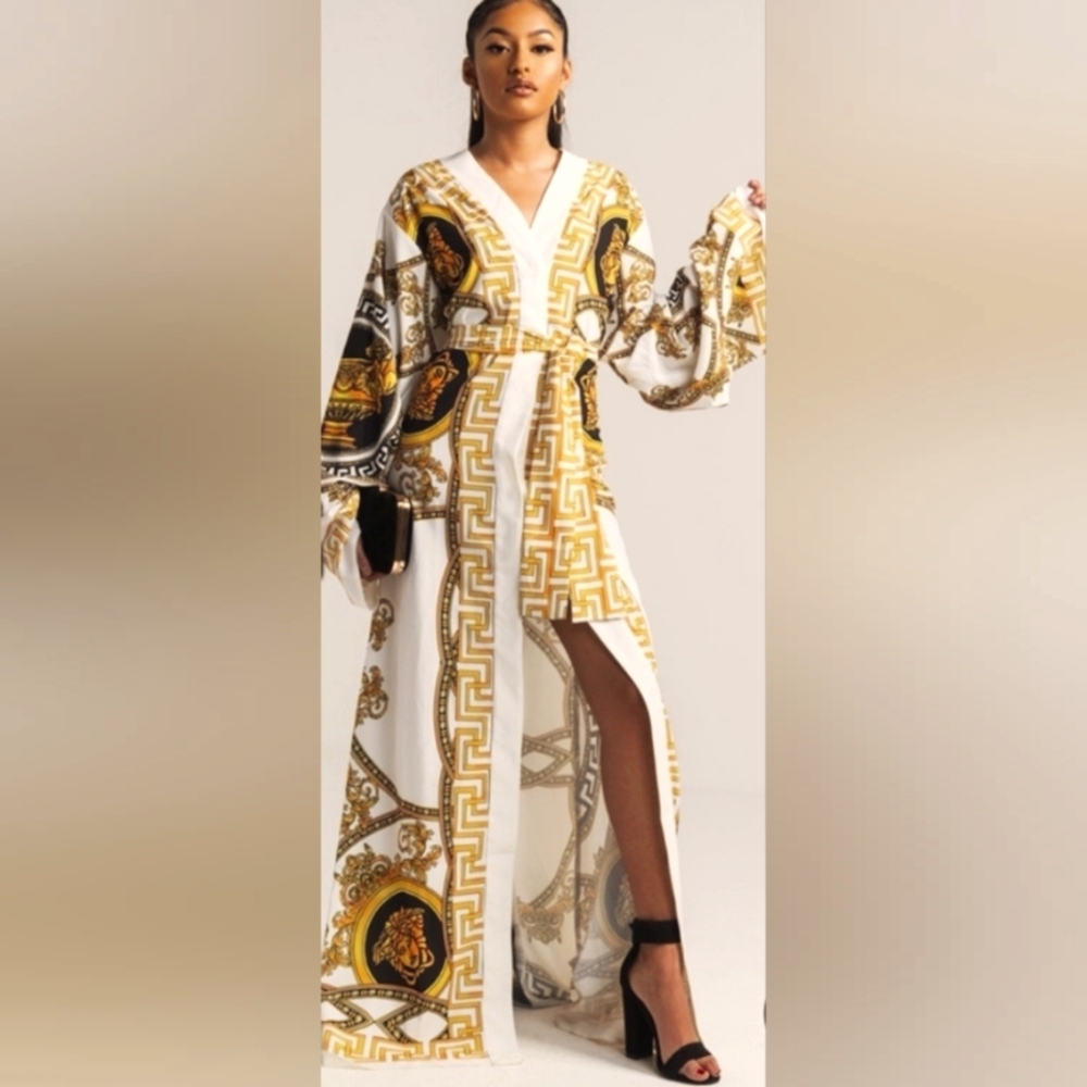 Elegant White & Gold Patterned Kimono Maxi Dress